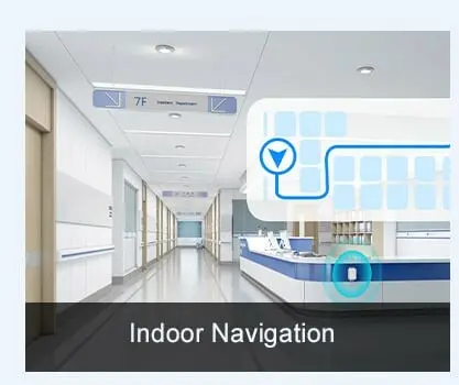Blue blueprint overlay on hospital corridor showing beacon indoor navigation route.
