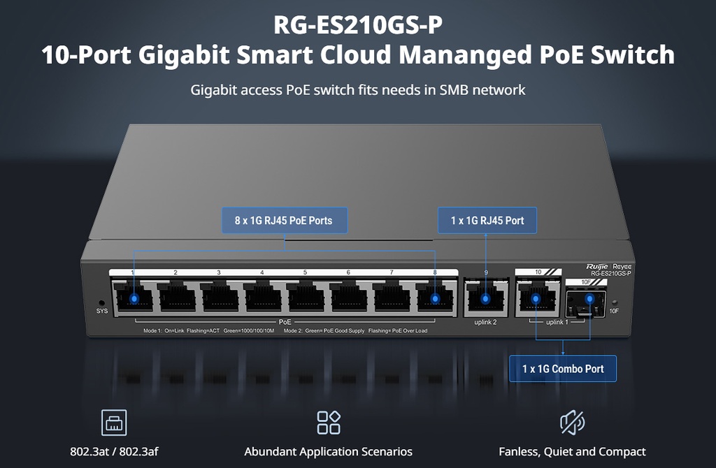 Reyee RG-ES210GS-P 10×1G 8×PoE+ 120W 1×SFP Smart Switch