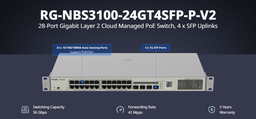Reyee 24 Port Gigabit PoE 370W 4SFP Layer 2+ Smart Managed Switch | RG-NBS3100-24GT4SFP-P-V2