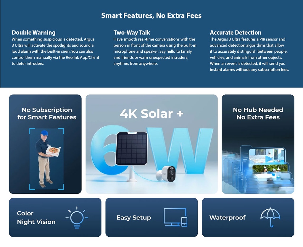 Reolink Argus 3 Ultra – 4K Solar/Battery WiFi Security Camera (8MP, Color Night Vision, 2.4/5GHz Dual-Band, Weatherproof) | 