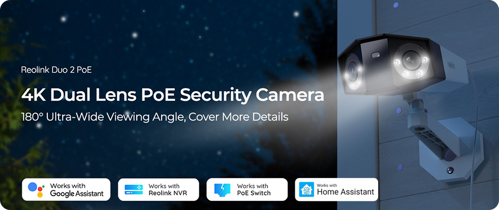 Reolink Duo 2 PoE 4K 180° Panoramic Security Camera - Dual-Lens Stitched View, Smart Detection, Color Night Vision, Time-Lapse (Black/White)