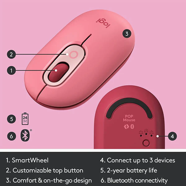 Logitech POP Silent Wireless Mouse Heartbreaker Rose, Bluetooth Multi-Device, Emoji Button, 24 Month Battery 910-006548