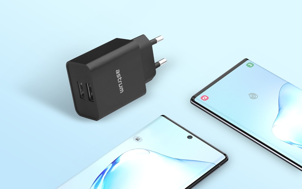 Astrum WATZ12D Wall Charger 12W Dual USB-A Fast Charging, Compact Design Black SKU: ACHW12DB