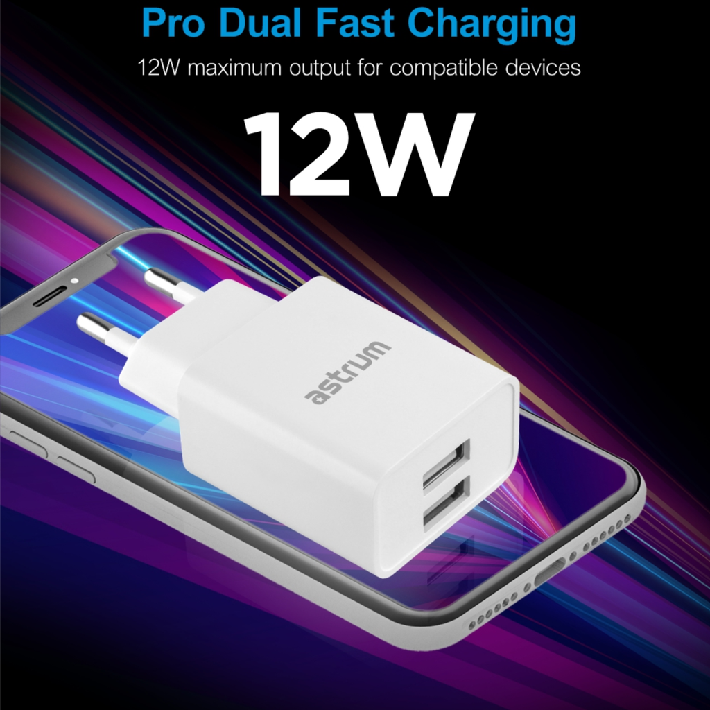 Astrum WATZ12D Wall Charger 12W Dual USB-A Fast Charging, Compact Design Black SKU: ACHW12DB (copy)