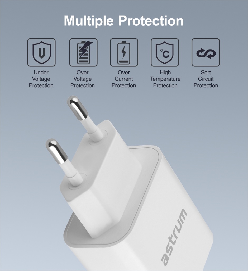 Astrum Pro PD20 Wall Charger 20W USB-C PD Fast Charging, Compact Travel Design White SKU: A92650EW