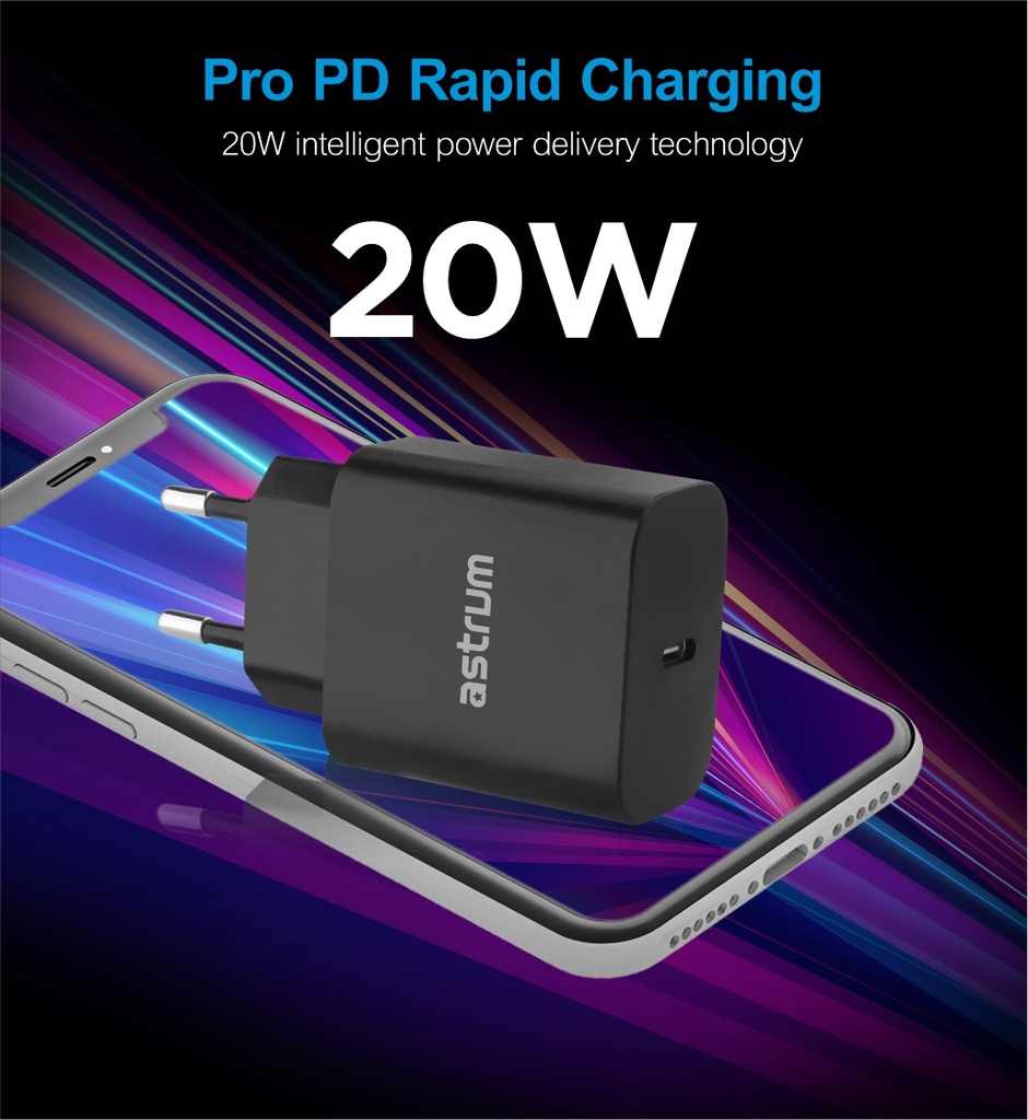 Astrum Pro PD20 Wall Charger 20W USB-C PD Fast Charging, Compact Travel Design White SKU: A92650EW