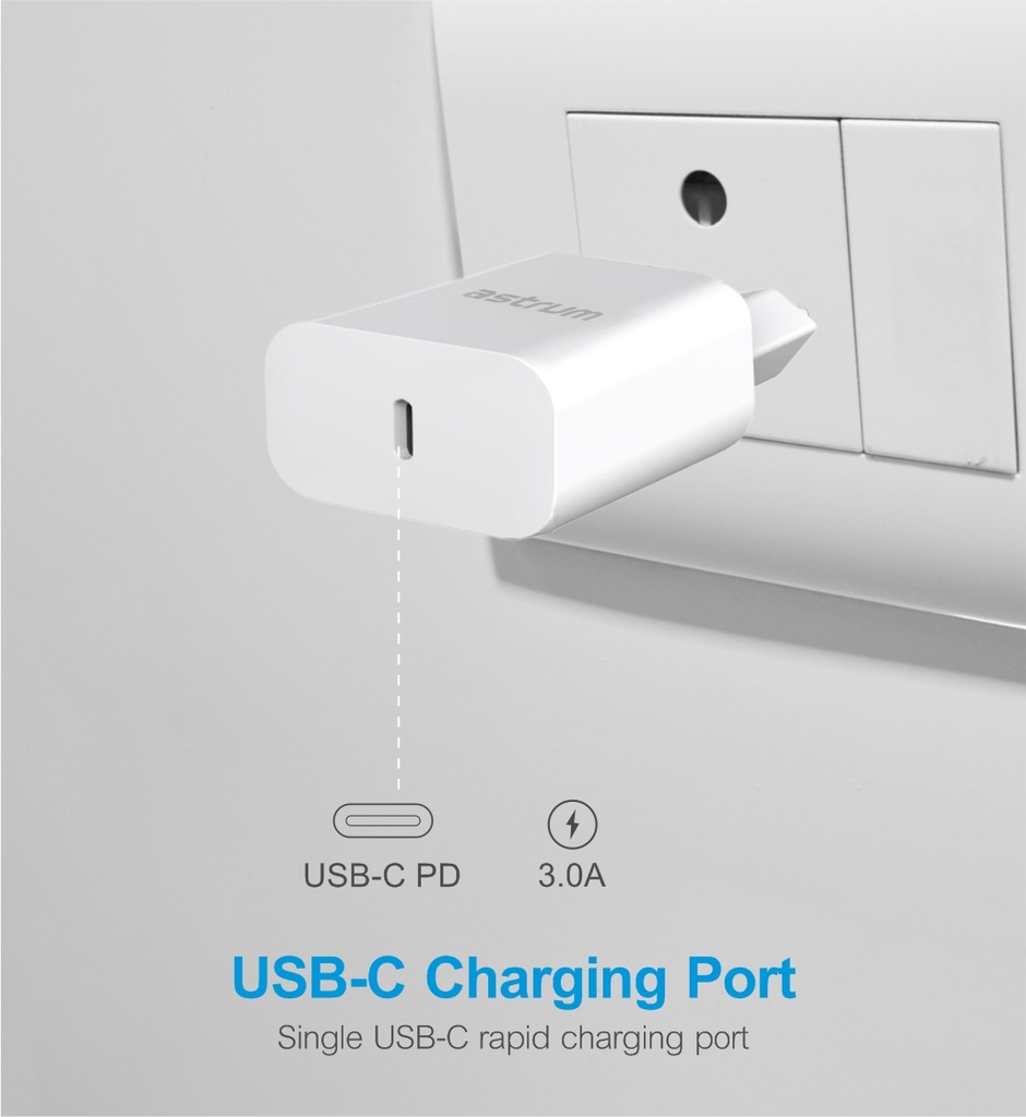 Astrum Pro PD20 Wall Charger 20W USB-C PD Fast Charging, Compact Travel Design White SKU: A92650EW
