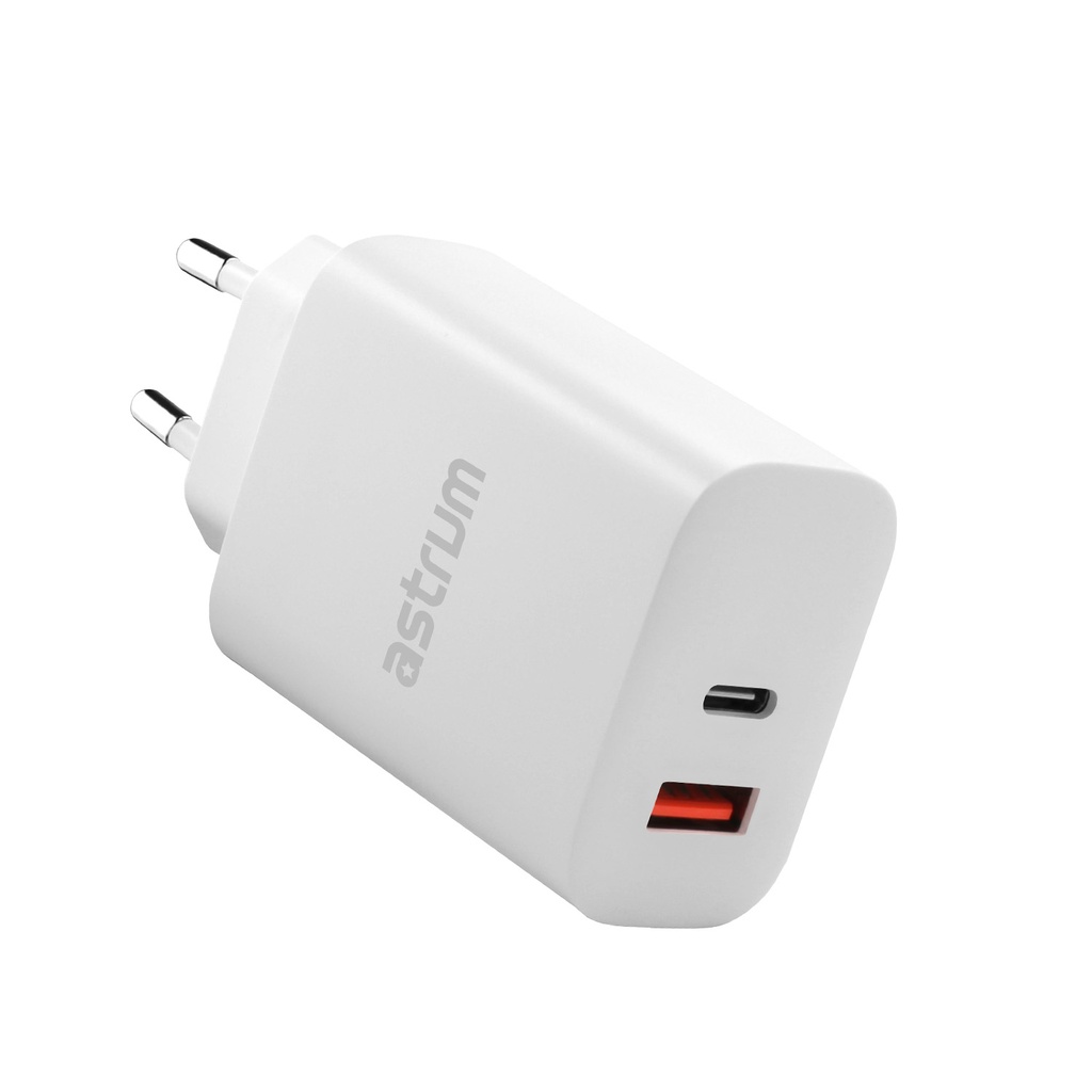 Astrum Pro Dual PD65 Wall Charger 65W USB-C PD + 30W USB-A Fast Charging, Compact Travel Design White SKU: A92661EW