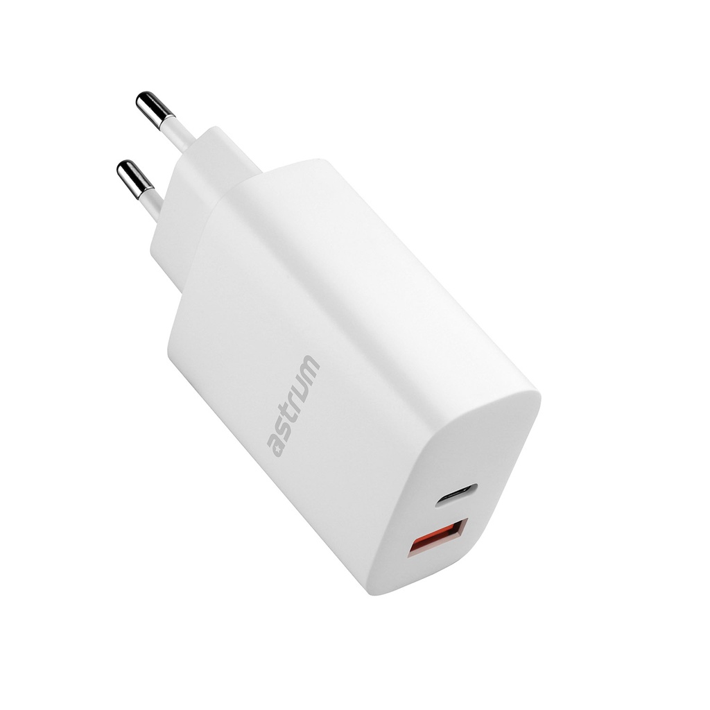 Astrum Pro Dual PD65 Wall Charger 65W USB-C PD + 30W USB-A Fast Charging, Compact Travel Design White SKU: A92661EW