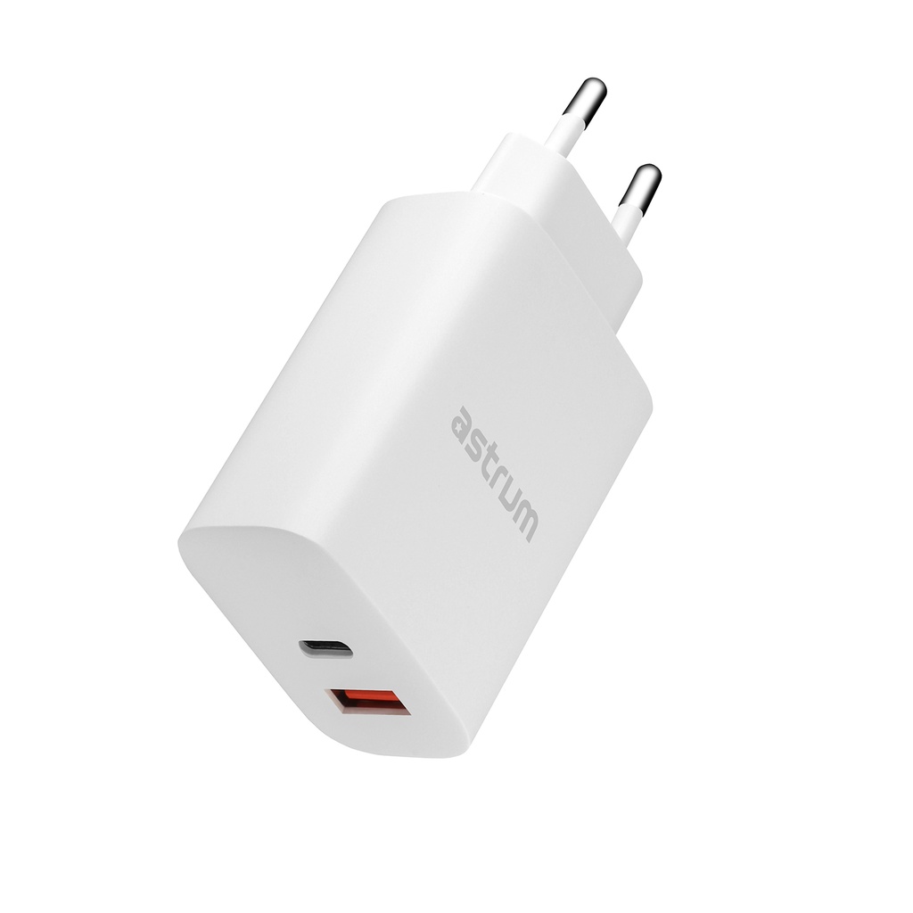 Astrum Pro Dual PD65 Wall Charger 65W USB-C PD + 30W USB-A Fast Charging, Compact Travel Design White SKU: A92661EW