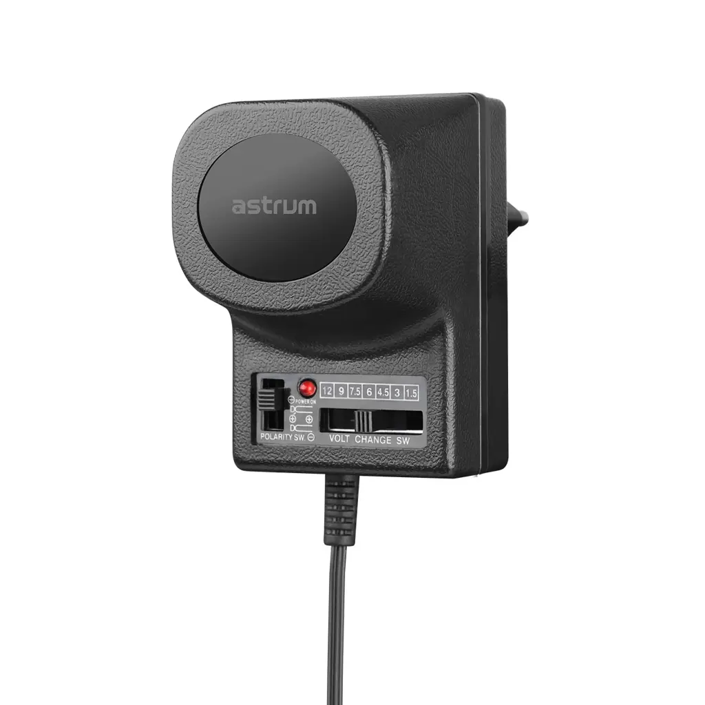 Astrum AD050 Universal AC-DC Adapter 6W, Adjustable 1.5V–12V Output, 6 Interchangeable Plugs Black SKU: A92605-B