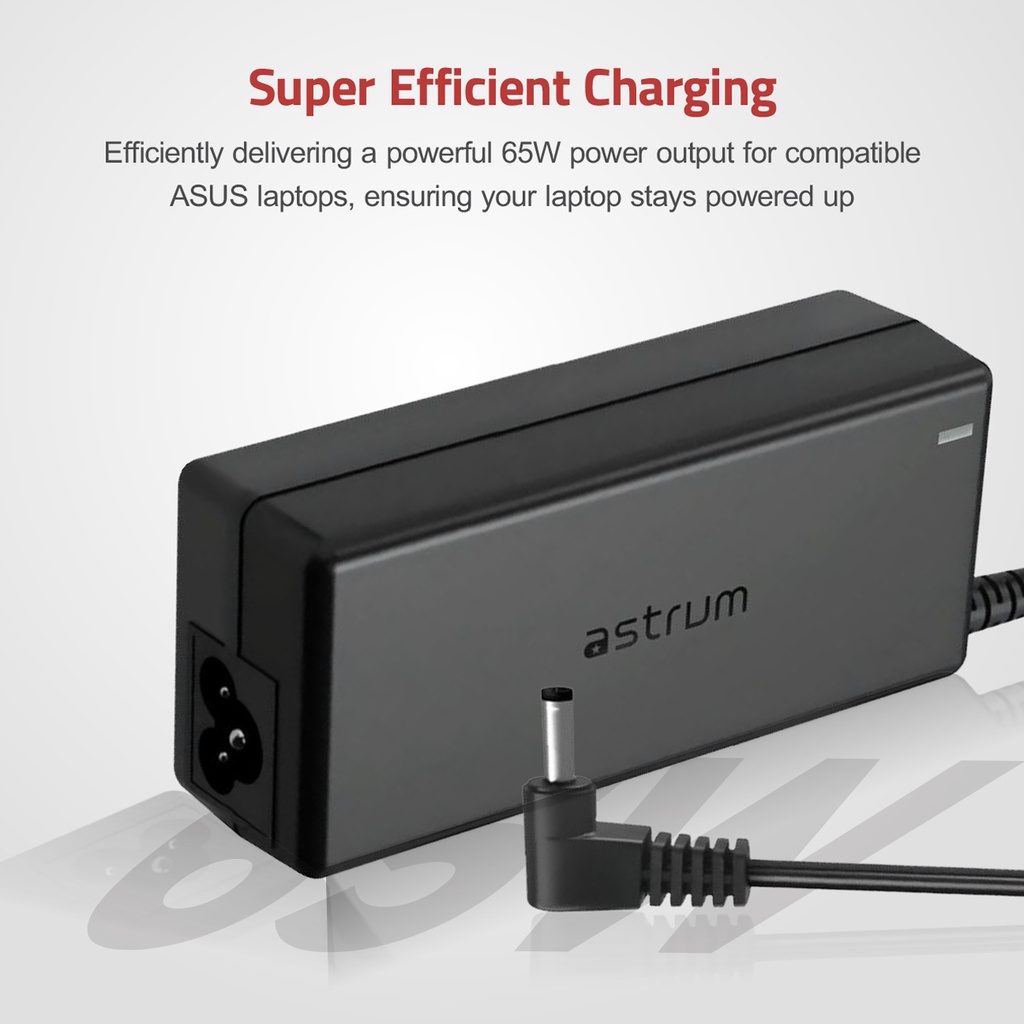 strum CL210 65W Laptop Charger for ASUS 19V 3.42A AC Adapter with 3.0 × 1.0mm Pin, Smart IC & Safety Protection Black SKU: A90521-B