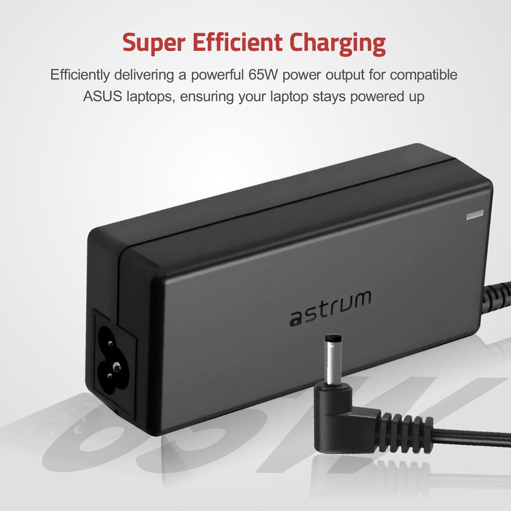 Astrum CL220 65W Laptop Charger for ASUS 19V 3.42A AC Adapter with 4.0 × 1.35mm Pin, Smart IC & Safety Protection Black SKU: A90522-B