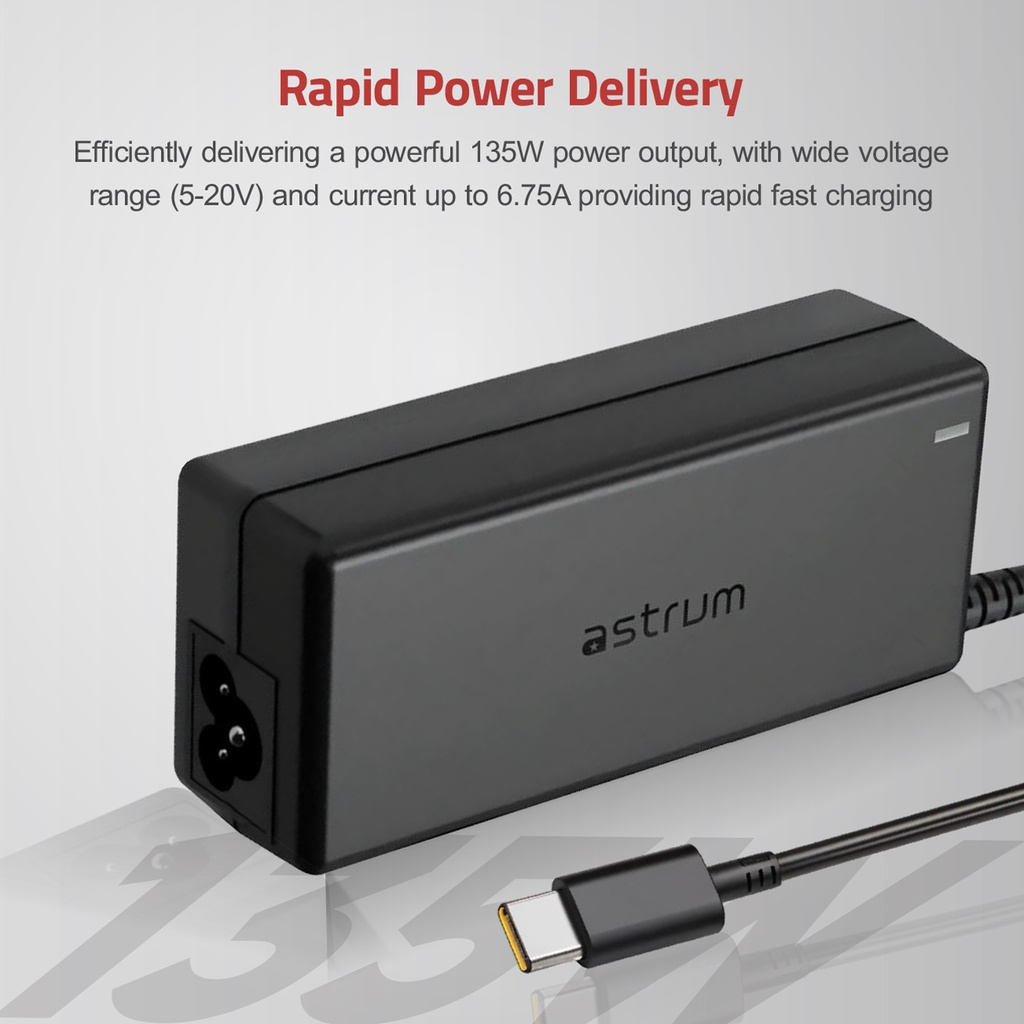 Astrum CL750 135W Type-C PD Laptop Charger Universal USB-C AC Adapter with 5 20V Output, Smart IC & Multi Protection System Black SKU: A90575-B