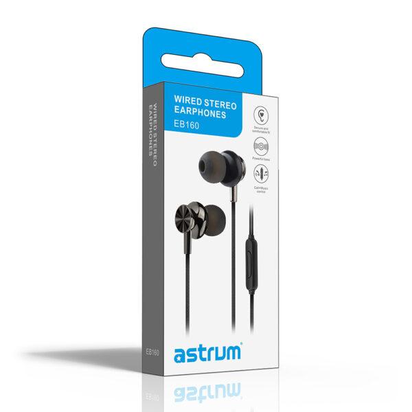 Astrum EB160 Wired Stereo Earphones 10mm Dynamic Driver, In-Line Mic, Electro Painted Finish, Tangle Free Cable Black SKU: A11016-B