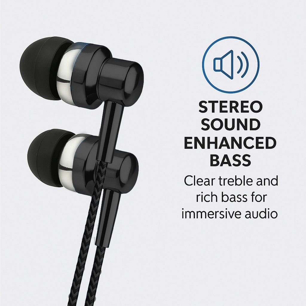 Astrum EB250 Wired Stereo Earphones 10mm Dynamic Driver, In-Line Mic, Electro Painted Finish, Noise Isolating Fit Black SKU: A11025-B