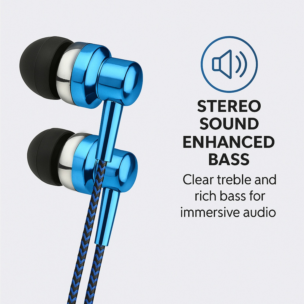 Astrum EB250 Wired Stereo Earphones 10mm Dynamic Driver, In Line Mic, Electro Painted Finish, Noise Isolating Fit Blue SKU: A11025-C