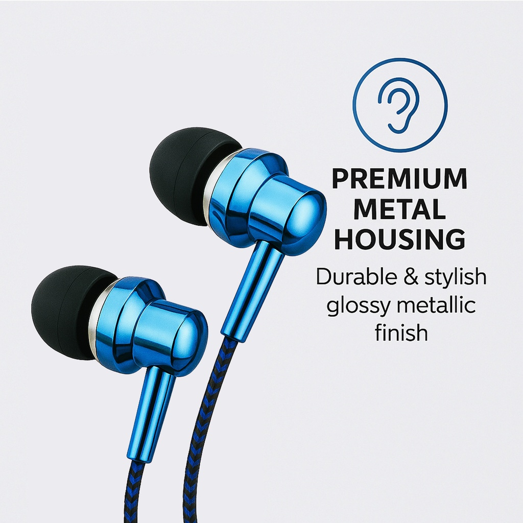 Astrum EB250 Wired Stereo Earphones 10mm Dynamic Driver, In Line Mic, Electro Painted Finish, Noise Isolating Fit Blue SKU: A11025-C
