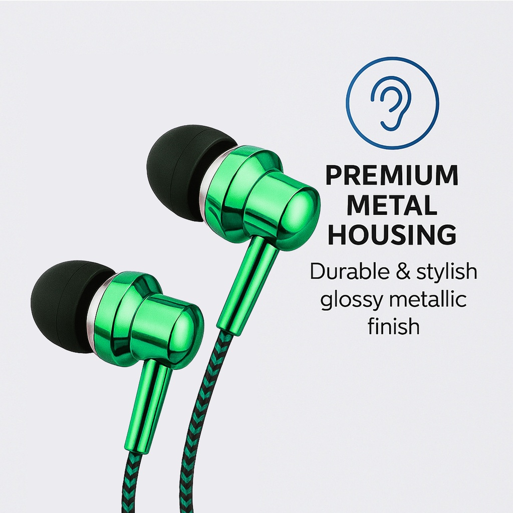 Astrum EB250 Wired Stereo Earphones 10mm Dynamic Driver, In-Line Mic, Electro Painted Finish, Noise Isolating Fit Green SKU: A11025-J