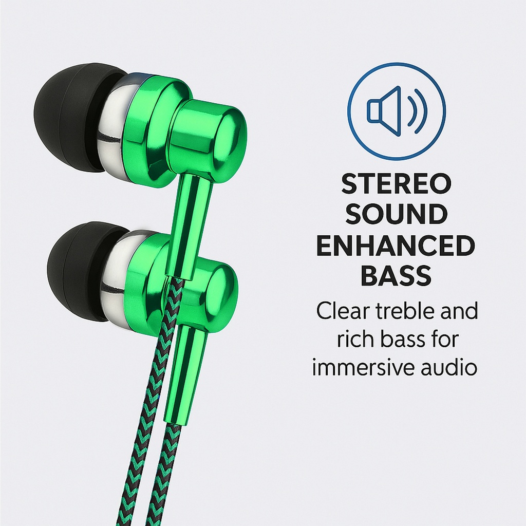 Astrum EB250 Wired Stereo Earphones 10mm Dynamic Driver, In-Line Mic, Electro Painted Finish, Noise Isolating Fit Green SKU: A11025-J