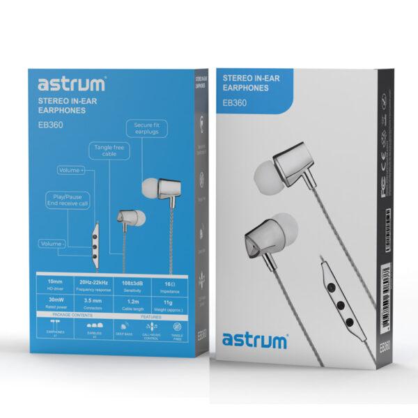 Astrum EB360 Wired Stereo Earphones 10mm Dynamic Driver, In Line Mic, Electro Painted Metal Finish, Noise Isolating Fit White SKU: A11036-Q
