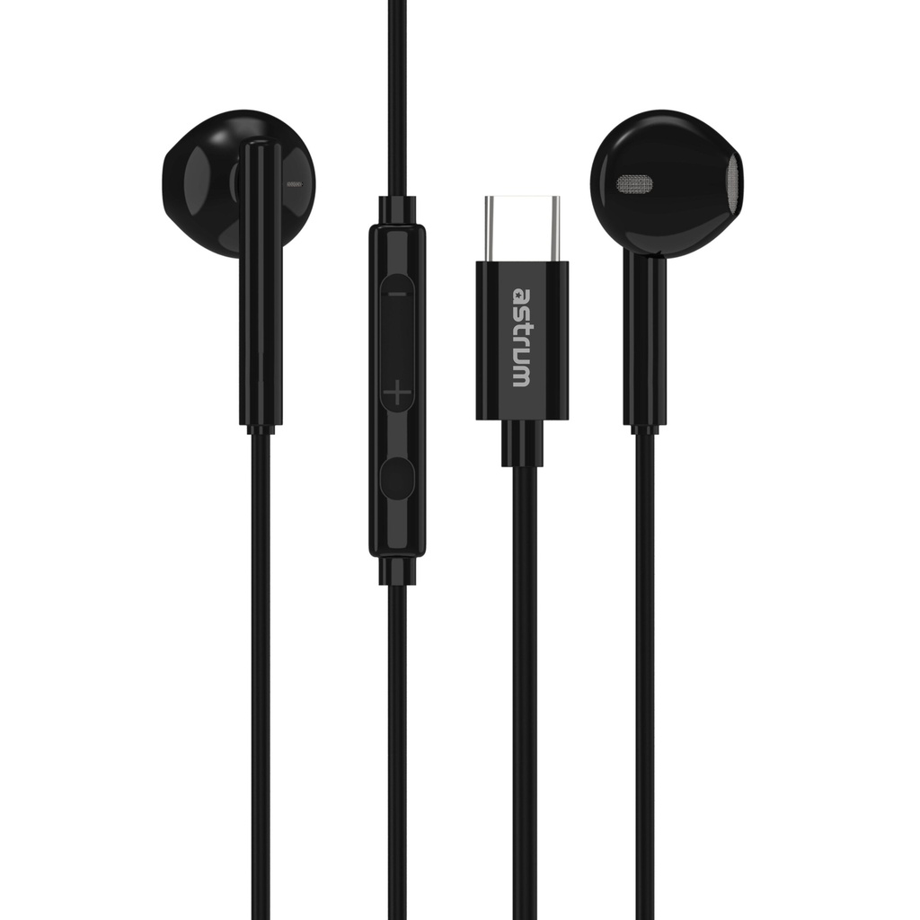 Astrum EB500 USB-C Stereo Earphones 14mm Dynamic Driver, In Line Mic, DAC Audio, Tangle Free Cable Black SKU: A11050-B