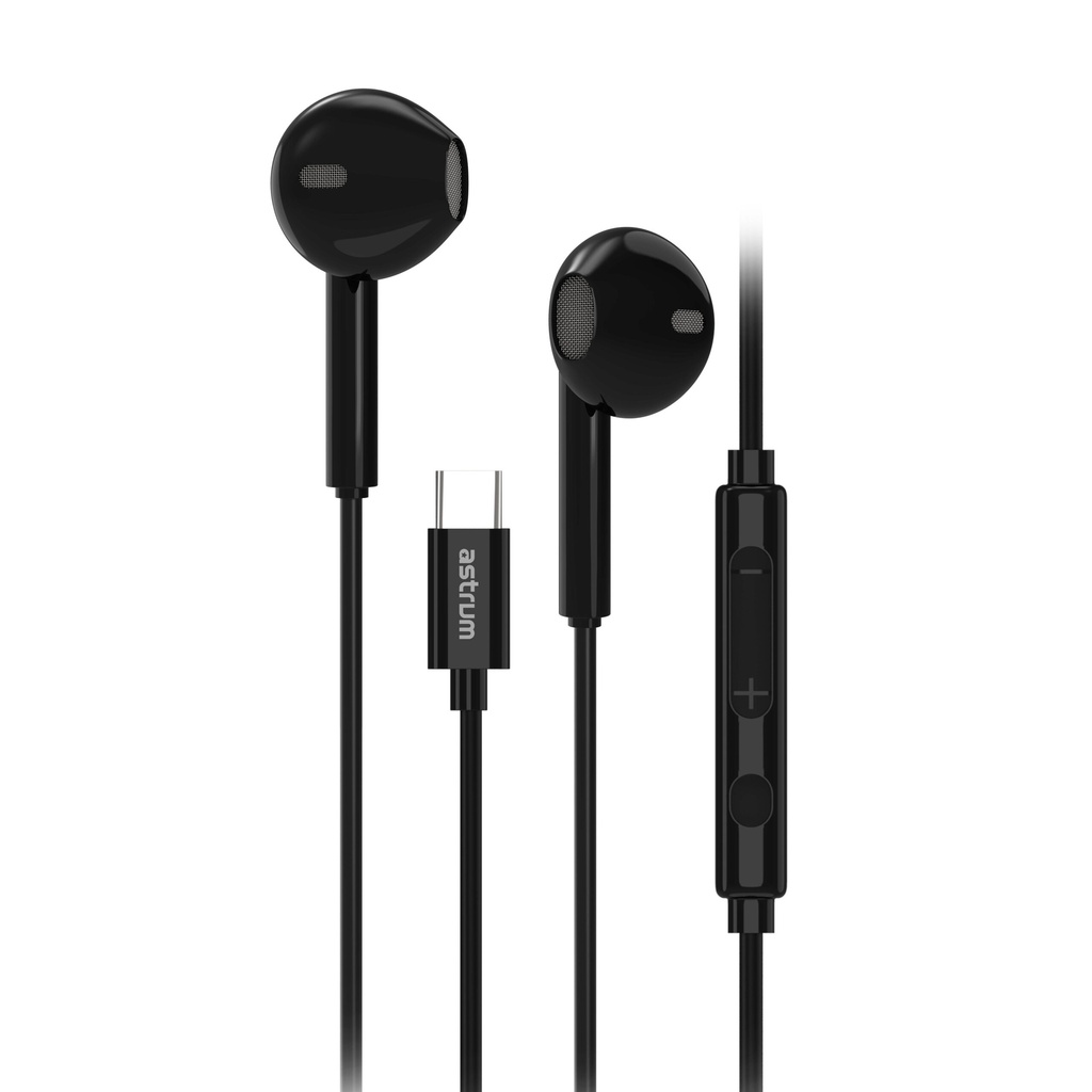 Astrum EB500 USB-C Stereo Earphones 14mm Dynamic Driver, In Line Mic, DAC Audio, Tangle Free Cable Black SKU: A11050-B