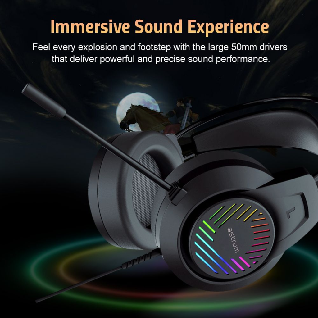 Astrum HG100 Wired Gaming Headset 50mm Drivers, Boom Mic, Dual 3.5mm AUX, USB LED Lighting, Adjustable Fit Black SKU: A12110-B