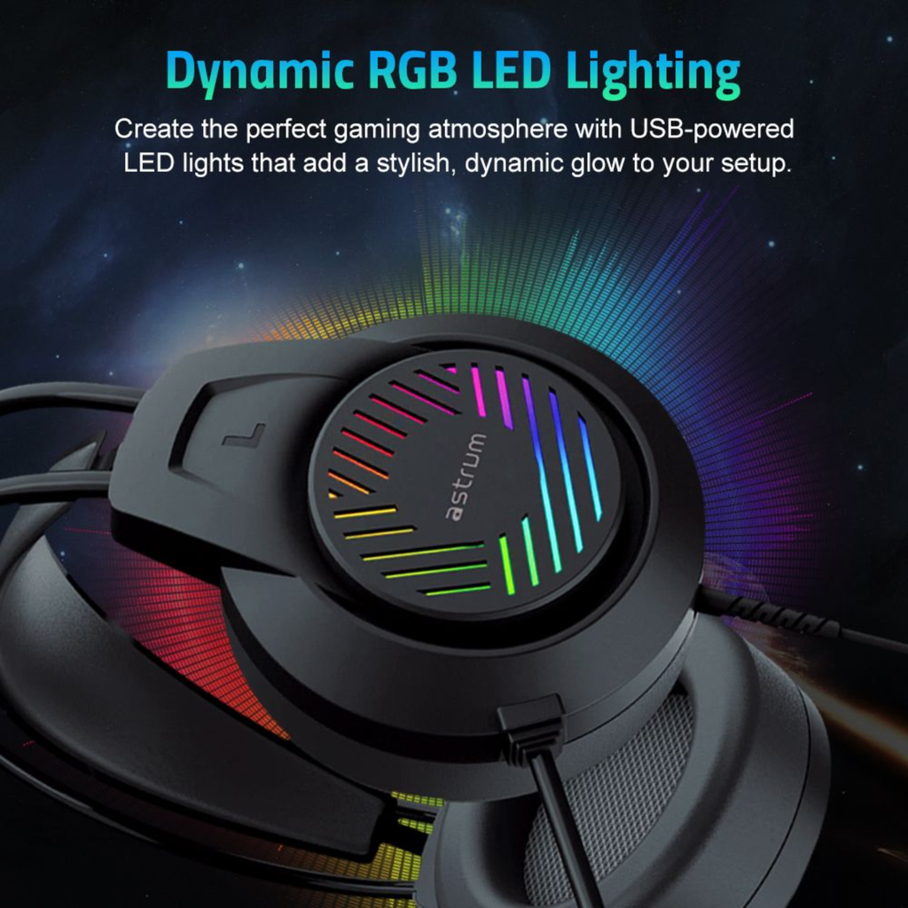 Astrum HG100 Wired Gaming Headset 50mm Drivers, Boom Mic, Dual 3.5mm AUX, USB LED Lighting, Adjustable Fit Black SKU: A12110-B