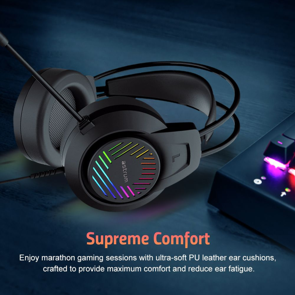 Astrum HG100 Wired Gaming Headset 50mm Drivers, Boom Mic, Dual 3.5mm AUX, USB LED Lighting, Adjustable Fit Black SKU: A12110-B