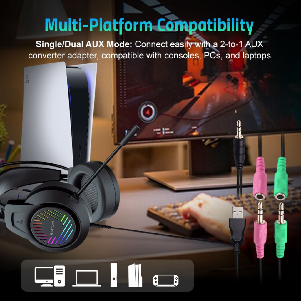 Astrum HG100 Wired Gaming Headset 50mm Drivers, Boom Mic, Dual 3.5mm AUX, USB LED Lighting, Adjustable Fit Black SKU: A12110-B