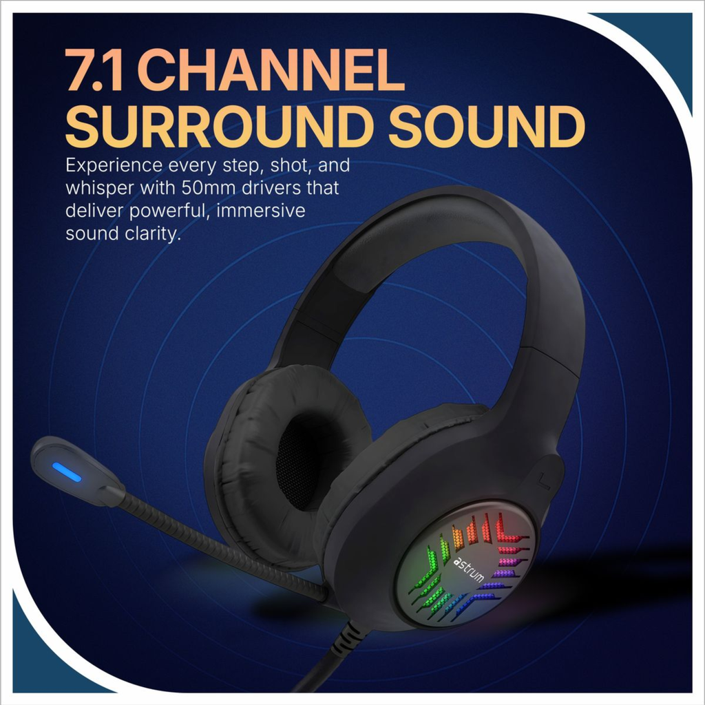 Astrum HG200 USB Gaming Headset 7.1 Virtual Surround Sound, RGB LED, Boom Mic, Volume Control Black SKU: A12120-B