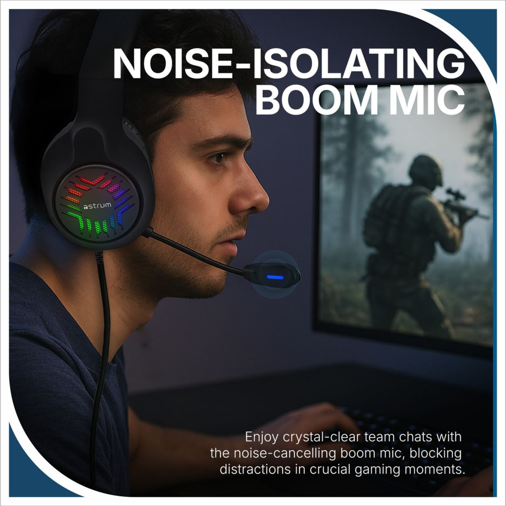 Astrum HG200 USB Gaming Headset 7.1 Virtual Surround Sound, RGB LED, Boom Mic, Volume Control Black SKU: A12120-B