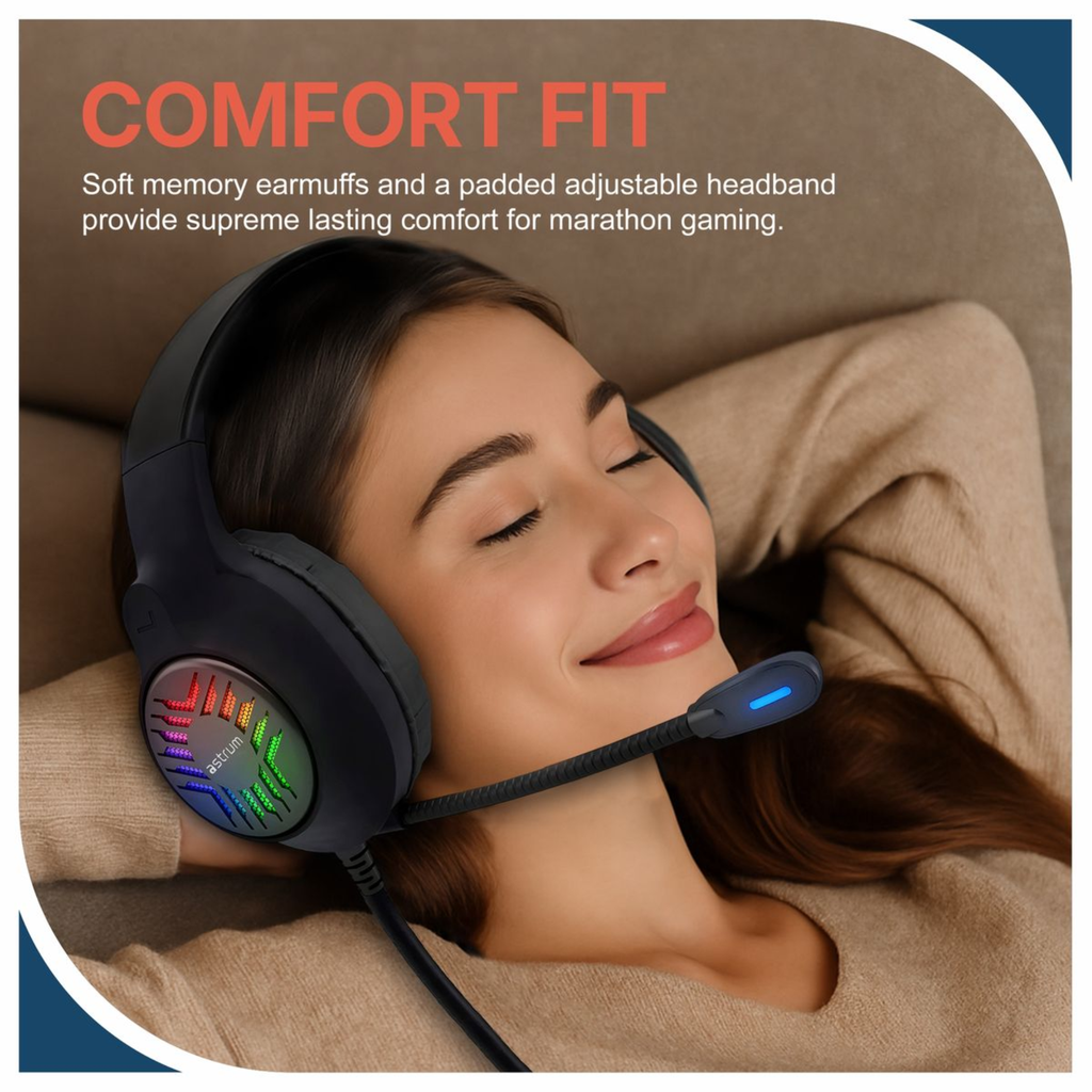 Astrum HG200 USB Gaming Headset 7.1 Virtual Surround Sound, RGB LED, Boom Mic, Volume Control Black SKU: A12120-B