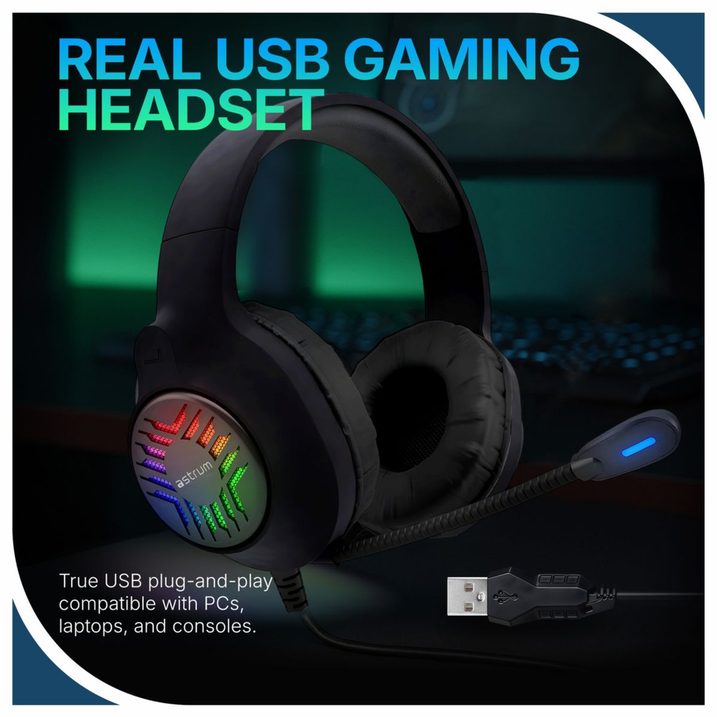 Astrum HG200 USB Gaming Headset 7.1 Virtual Surround Sound, RGB LED, Boom Mic, Volume Control Black SKU: A12120-B
