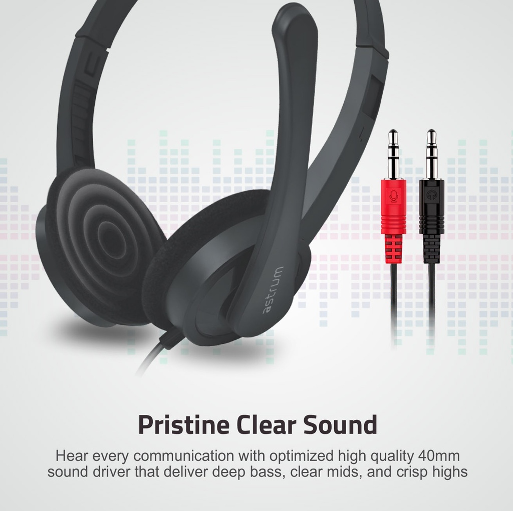 Astrum HS240 On Ear Wired Headset 40mm Drivers, Boom Mic, Dual 3.5mm AUX, Lightweight Design Black SKU: A12024-B