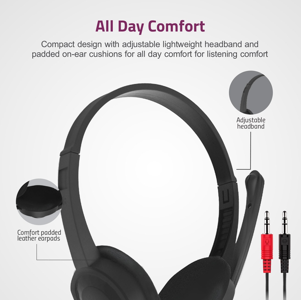 Astrum HS240 On Ear Wired Headset 40mm Drivers, Boom Mic, Dual 3.5mm AUX, Lightweight Design Black SKU: A12024-B