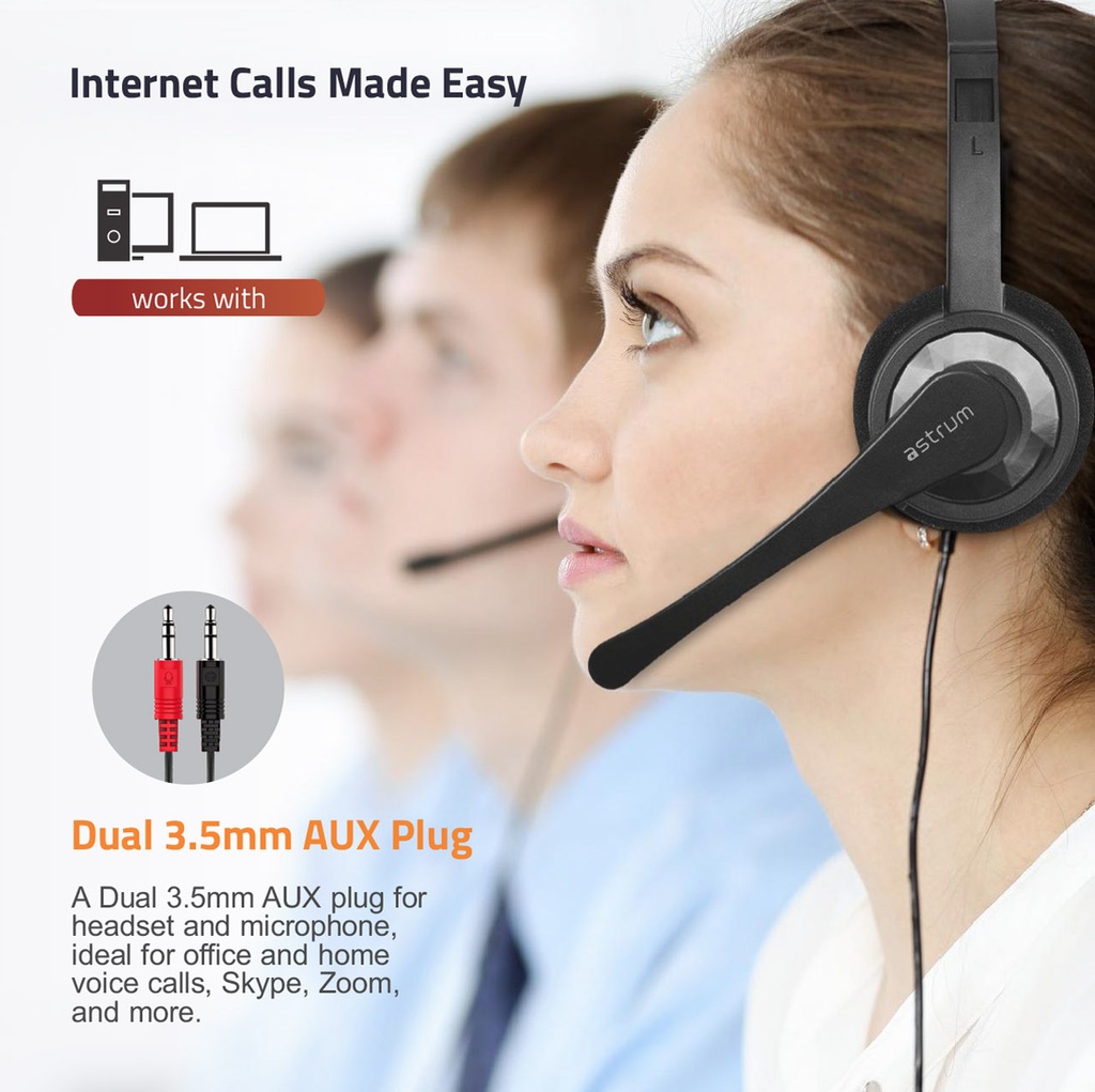 Astrum HS240 On Ear Wired Headset 40mm Drivers, Boom Mic, Dual 3.5mm AUX, Lightweight Design Black SKU: A12024-B