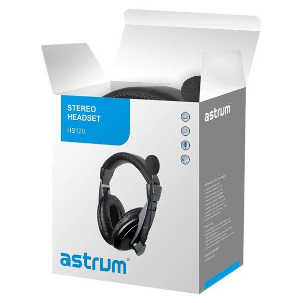 Astrum HS120 Over Ear Wired Headset 30mm Drivers, Dual 3.5mm AUX, Rotating Boom Mic, Volume Control Black SKU: A12012-B