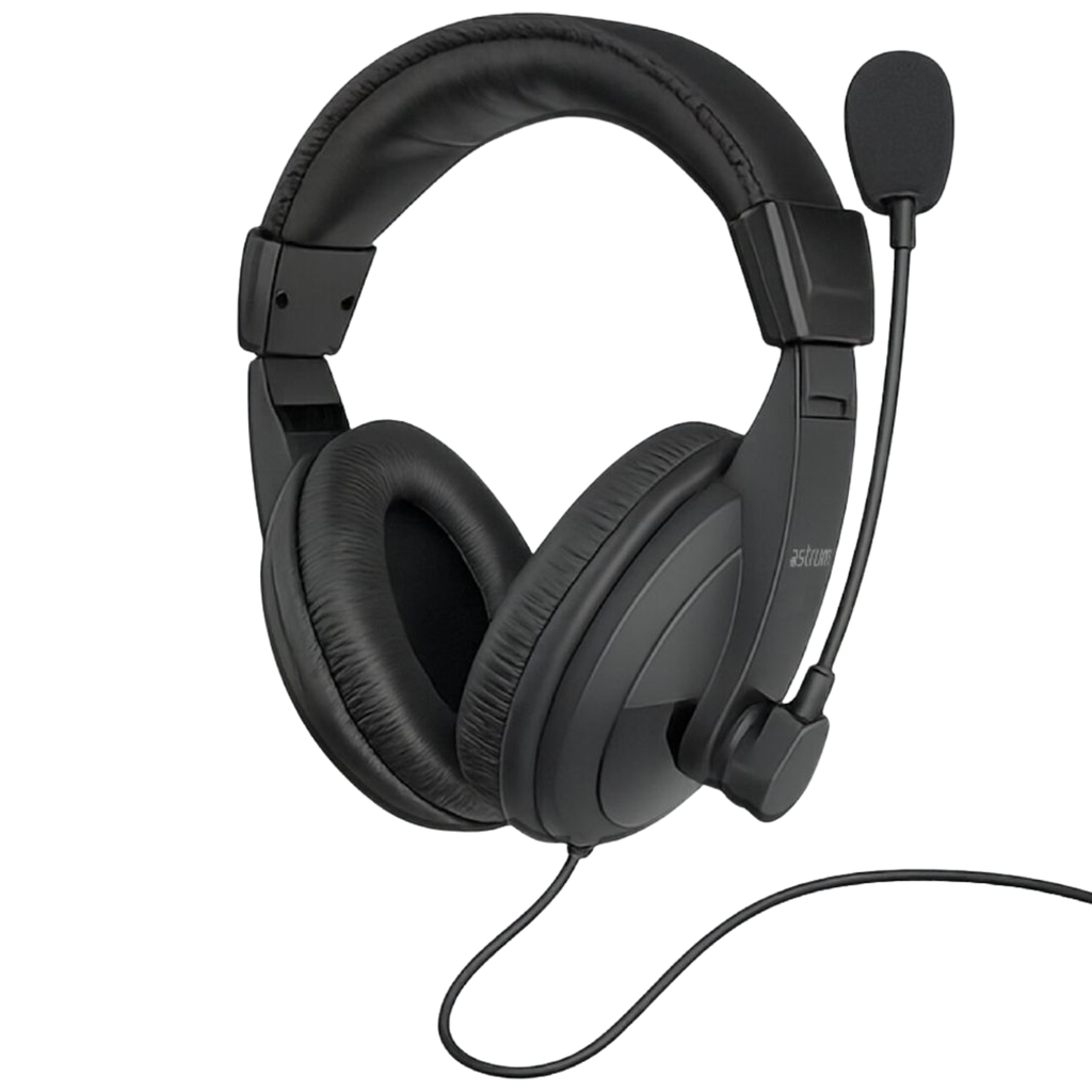 Astrum HS220 Over Ear Wired Headset 30mm Drivers, Rotating Noise Canceling Mic, In Line Volume Control Black SKU: A12022-B