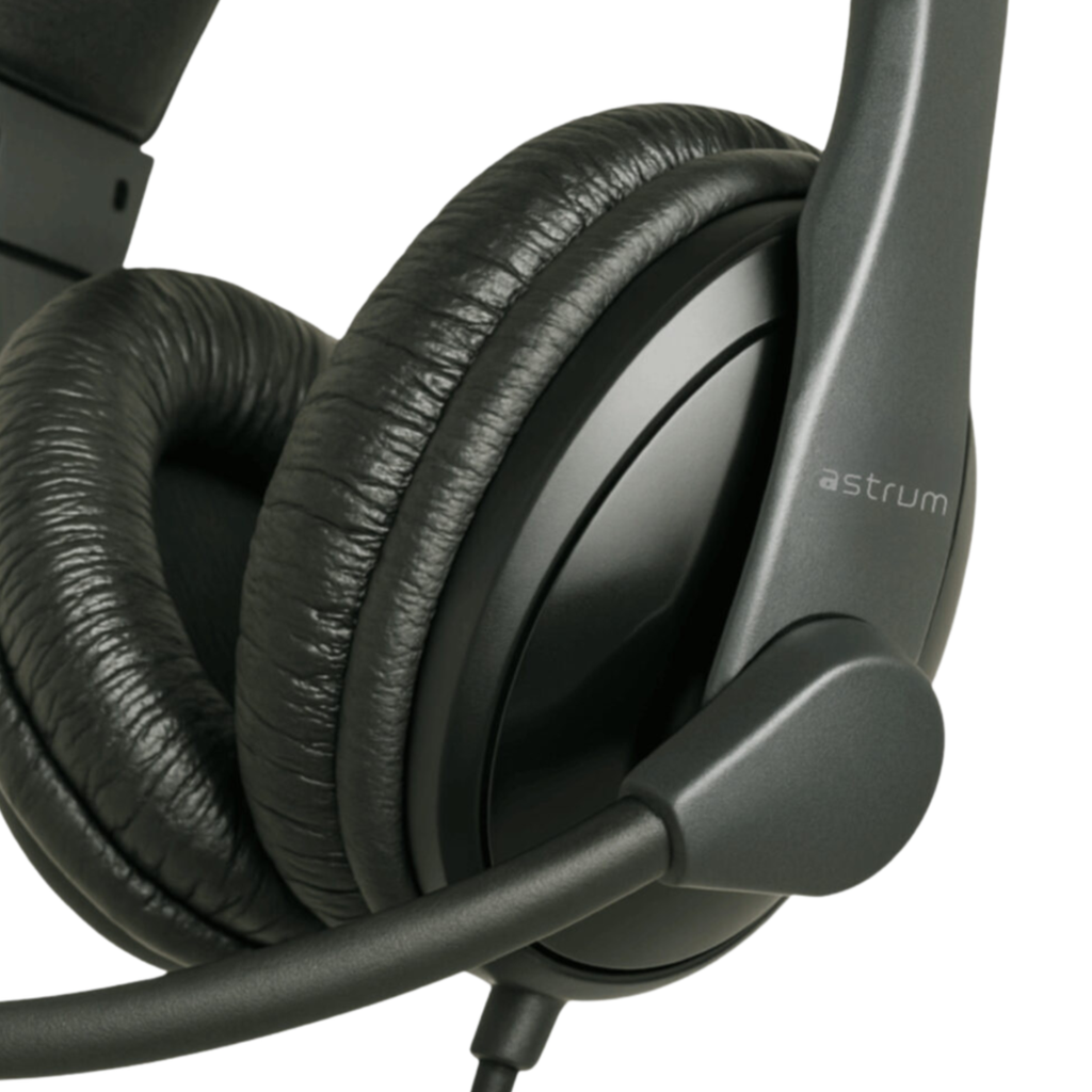 Astrum HS220 Over Ear Wired Headset 30mm Drivers, Rotating Noise Canceling Mic, In Line Volume Control Black SKU: A12022-B