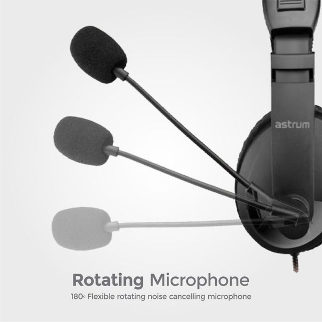 Astrum HS220 Over Ear Wired Headset 30mm Drivers, Rotating Noise Canceling Mic, In Line Volume Control Black SKU: A12022-B