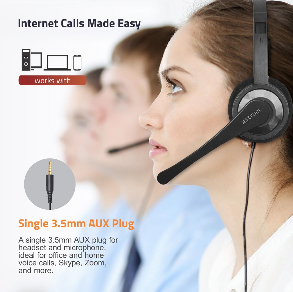 Astrum HS600 Over Ear Wired Headset 40mm Drivers, Boom Mic, Single 3.5mm AUX, Lightweight Design Black SKU: A12060-B