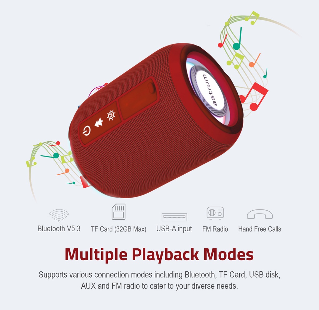 Astrum SP110 Portable Bluetooth Speaker – 10W RMS, BT5.3, TWS Stereo, TF/USB/FM/AUX, RGB Light, IPX5 – Black – SKU: A14511-B