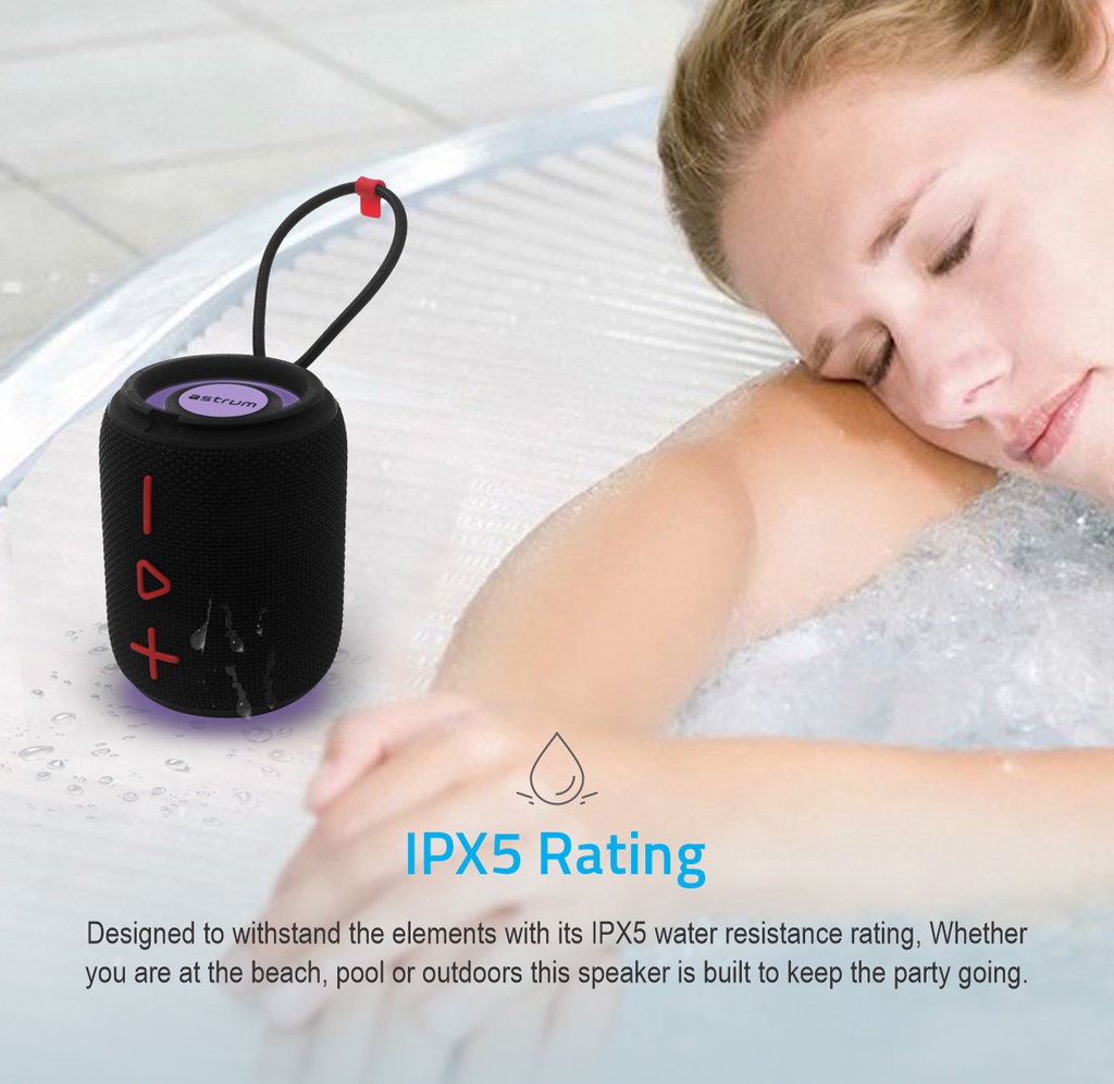 Astrum SP110 Portable Bluetooth Speaker – 10W RMS, BT5.3, TWS Stereo, TF/USB/FM/AUX, RGB Light, IPX5 – Black – SKU: A14511-B