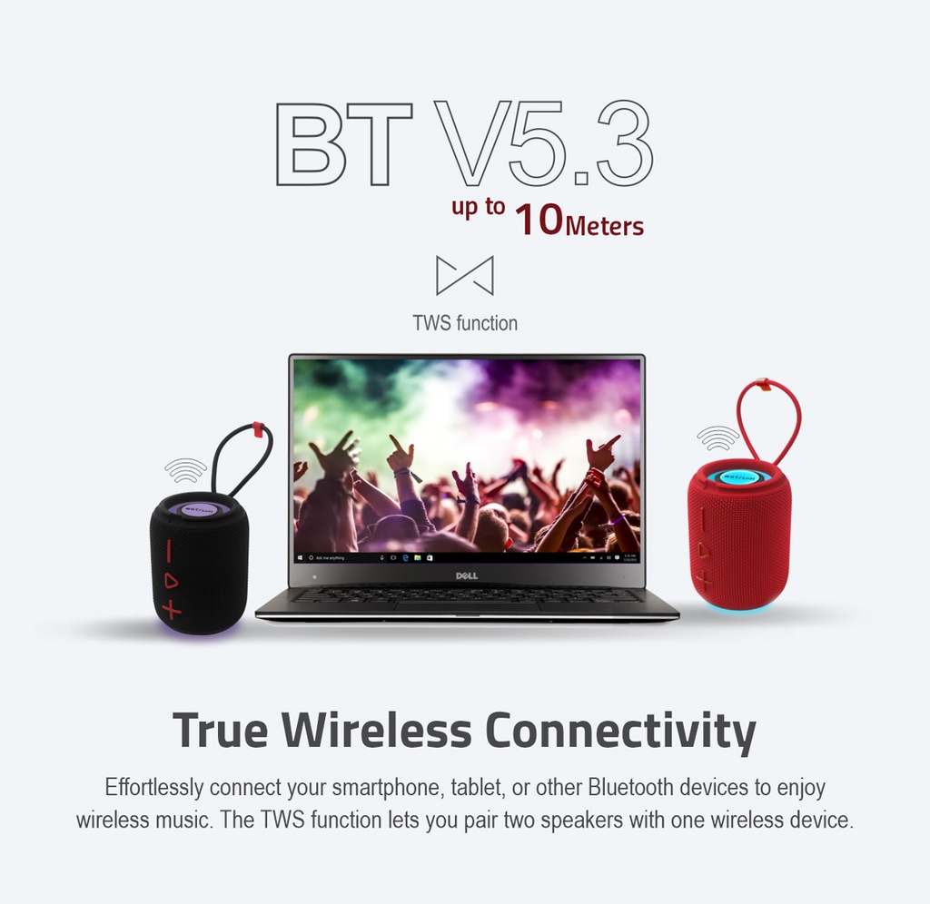 Astrum SP110 Portable Bluetooth Speaker 10W RMS, BT5.3, TWS Stereo, TF/USB/FM/AUX, RGB Light, IPX5 Black SKU: A14511-N