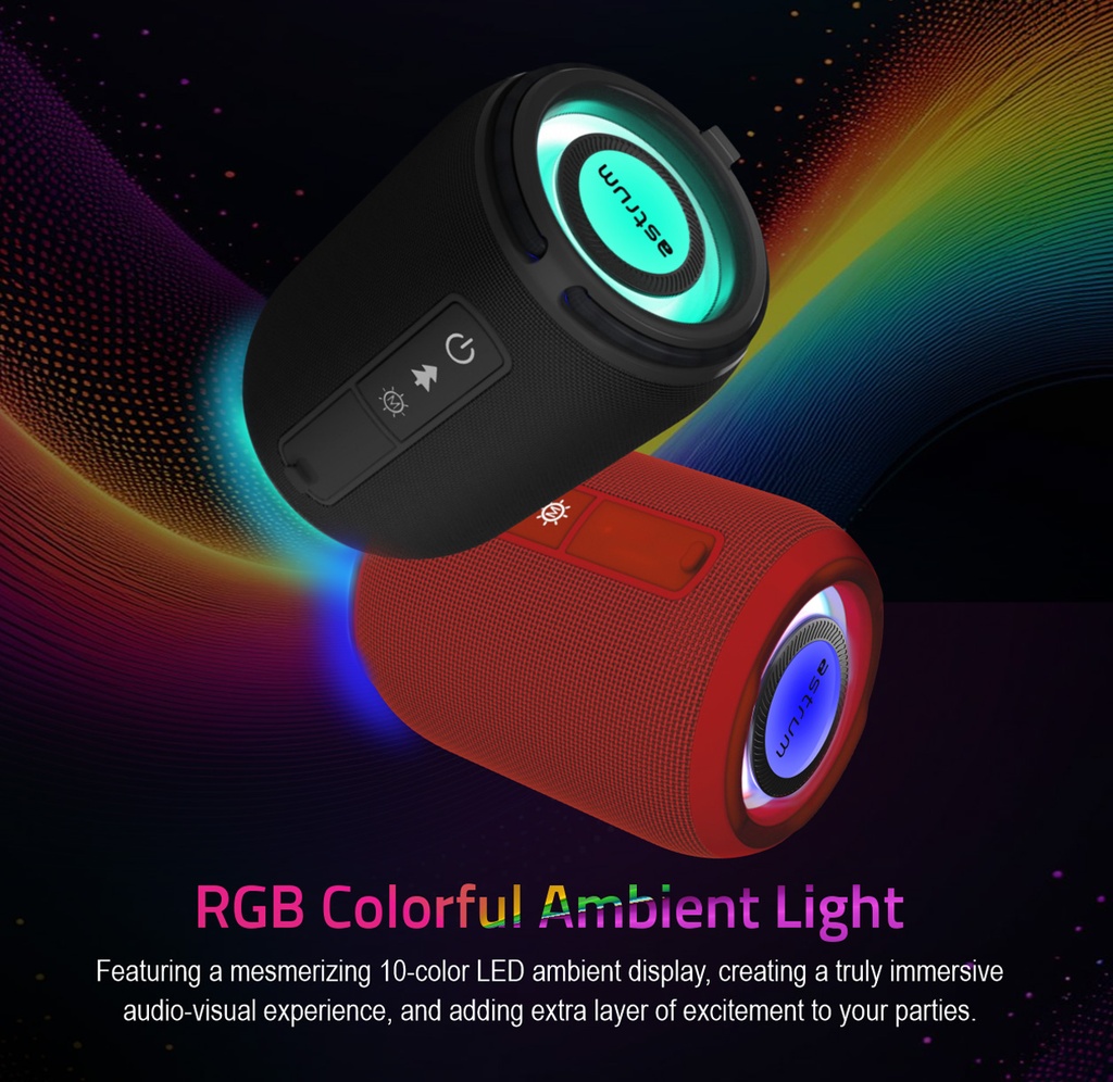 Astrum SP110 Portable Bluetooth Speaker 10W RMS, BT5.3, TWS Stereo, TF/USB/FM/AUX, RGB Light, IPX5 Black SKU: A14511-N