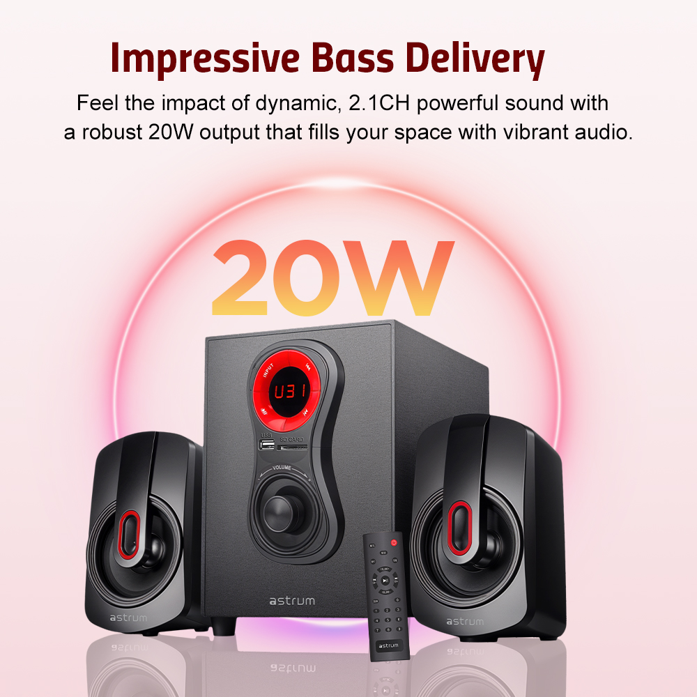 Astrum SM040 2.1CH Multimedia Speaker 20W RMS, Bluetooth, USB, TF Card, FM Radio, Remote Control Black SKU: A13004-B