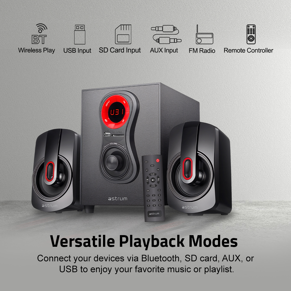 Astrum SM040 2.1CH Multimedia Speaker 20W RMS, Bluetooth, USB, TF Card, FM Radio, Remote Control Black SKU: A13004-B