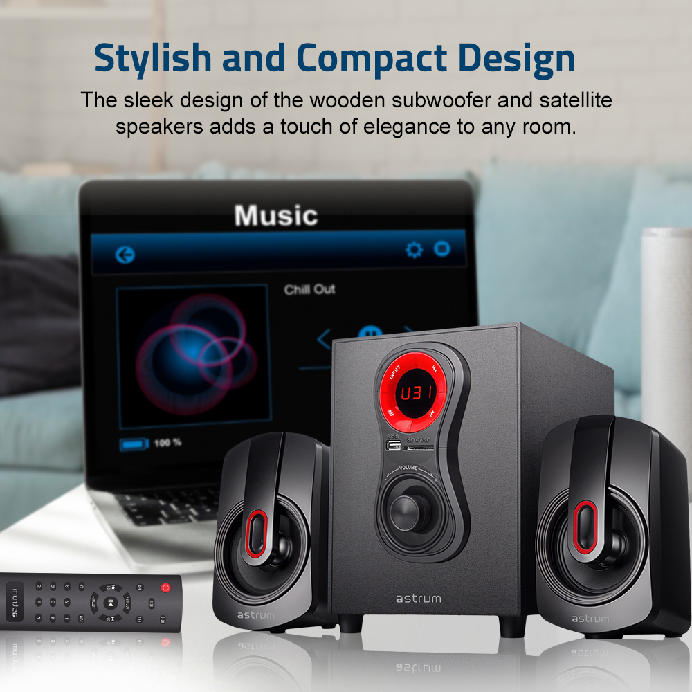Astrum SM040 2.1CH Multimedia Speaker 20W RMS, Bluetooth, USB, TF Card, FM Radio, Remote Control Black SKU: A13004-B